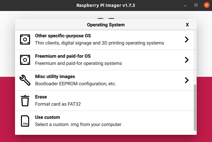 Screenshot of the option Misc Utility Images of Raspberry Pi Imager