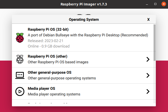 Screenshot of Raspberry Pi Imager's OS option menu