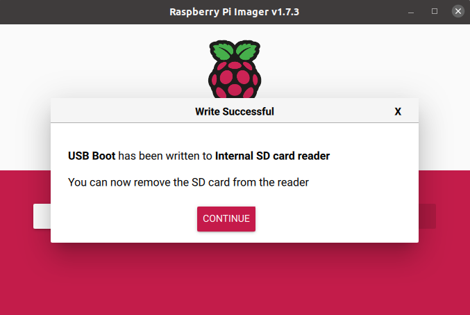 Screenshot at the end of the USB Bootloader writing with Raspberry Pi Imager