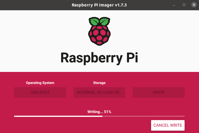 Screenshot of the progress of writing the USB bootloader with Raspberry Pi Imager